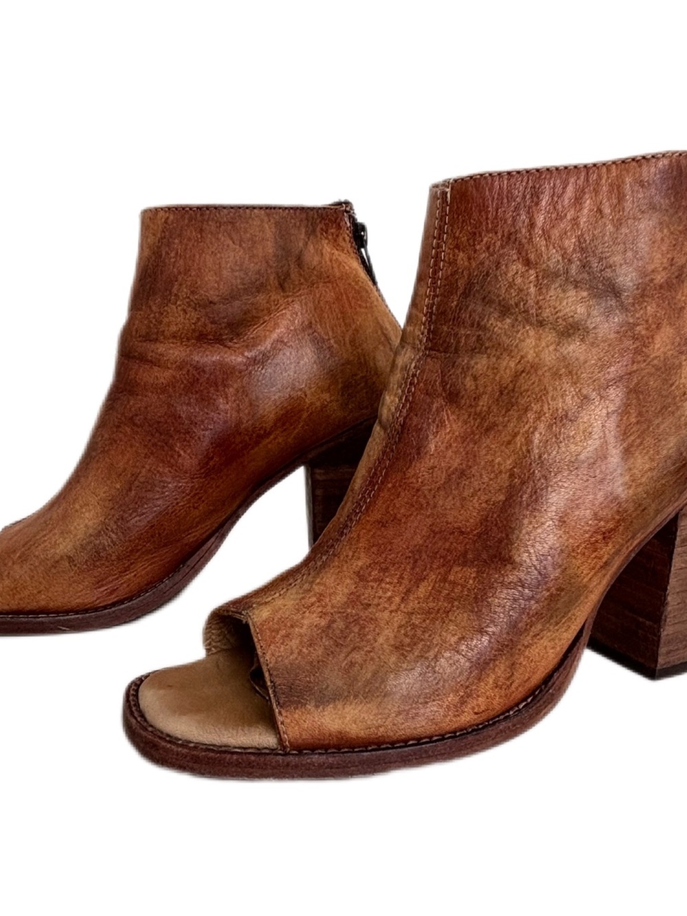 BED|STU Onset Cognac Leather Peep Toe Ankle Booties Cobbler Series Stacked Heel